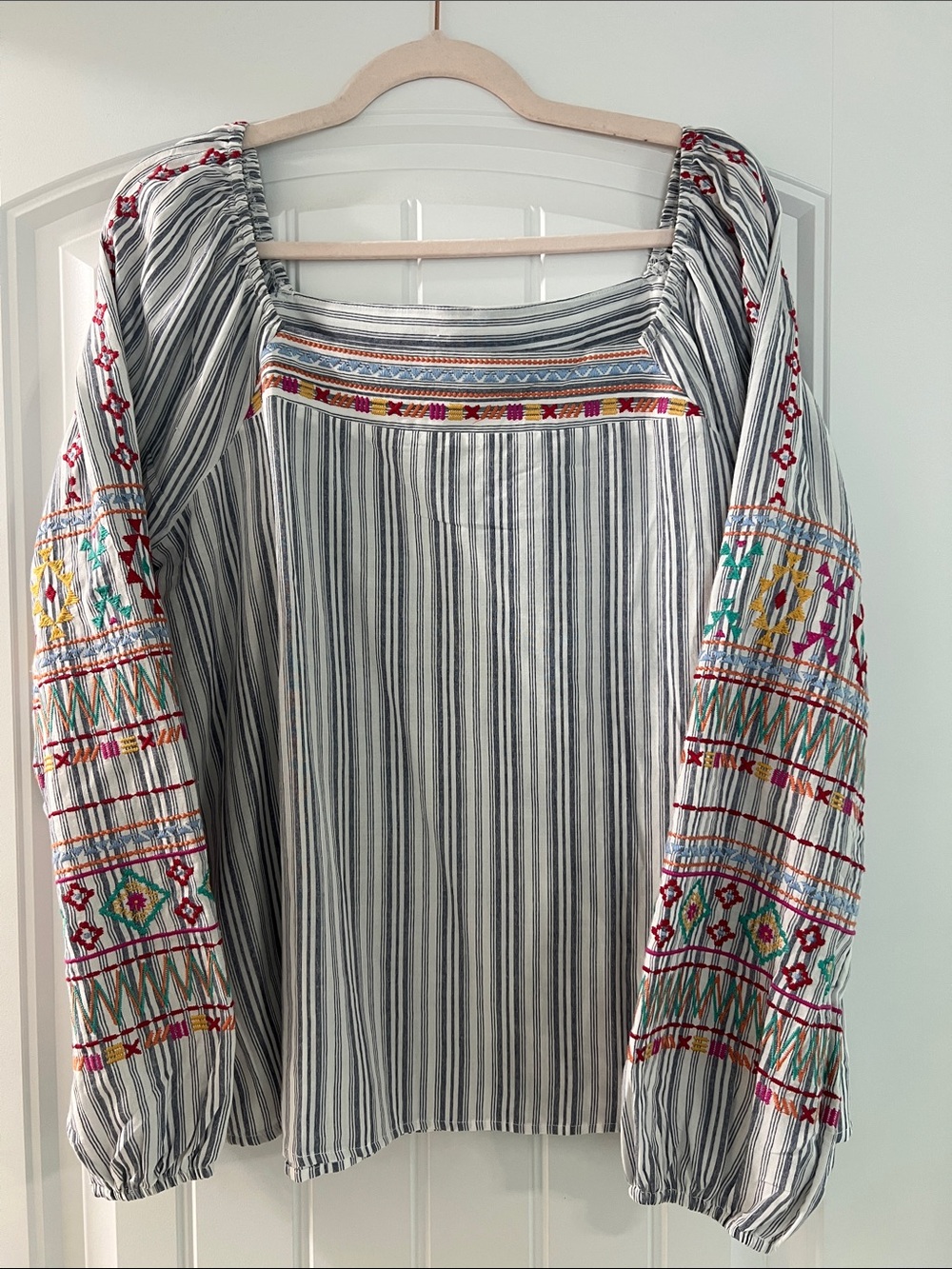 Savanna Jane White Striped Peasant Blouse with Multicolor Embroidery